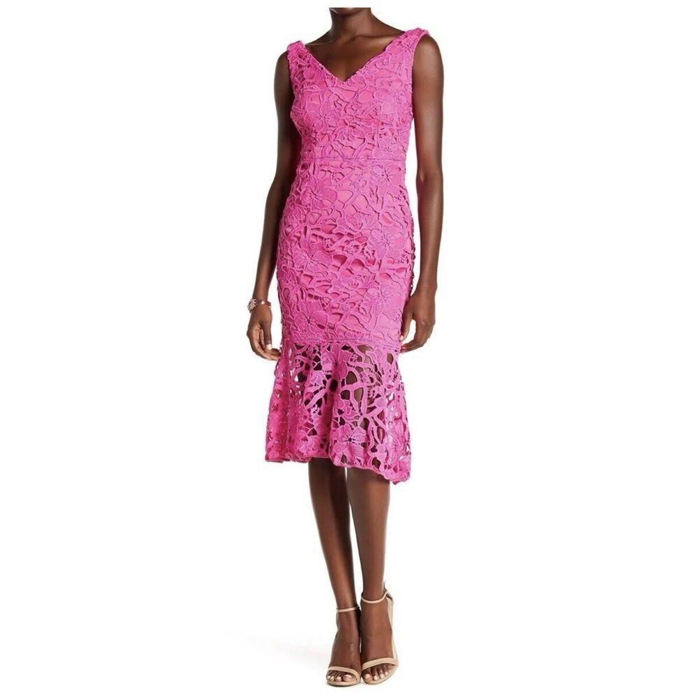 Alexia Admor Crotchet Lace Sheath Midi Dress in Hot Pink 10 NWOT - Picture 2 of 11